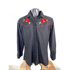 Retro Country Style Black Western Rose Embroidered Shirt M